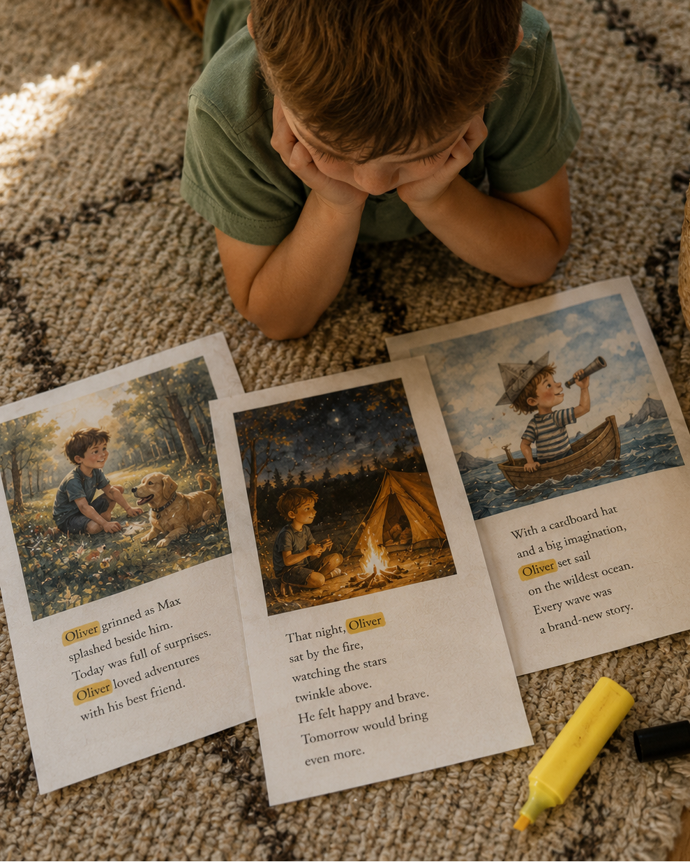 Open story pages showing a child's name in the text