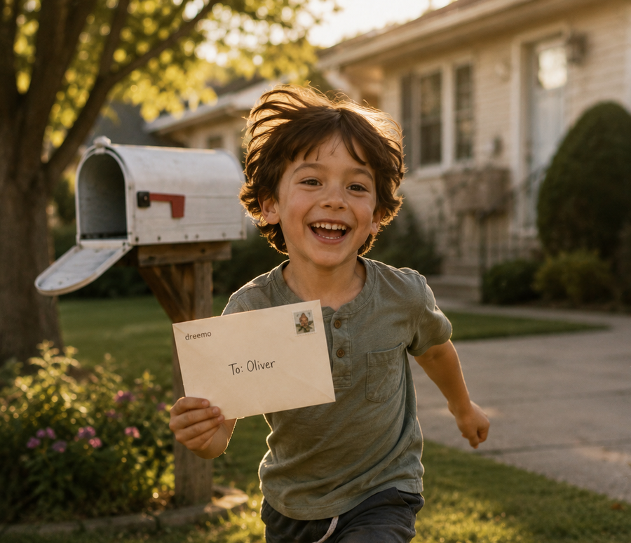 A child running to the mailbox with an envelope