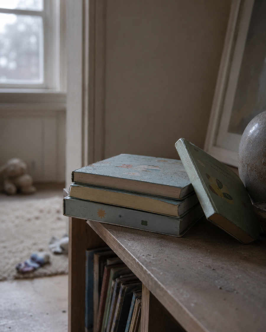 An untouched stack of books on a shelf